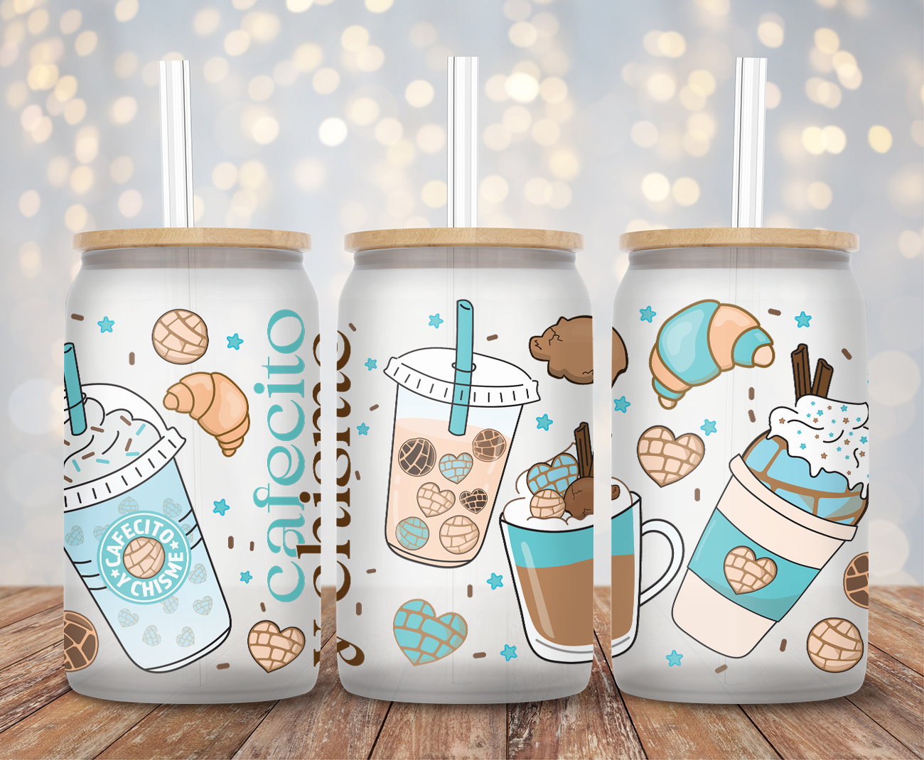 Teal Cafecito Croissant - 16oz Cup Wrap